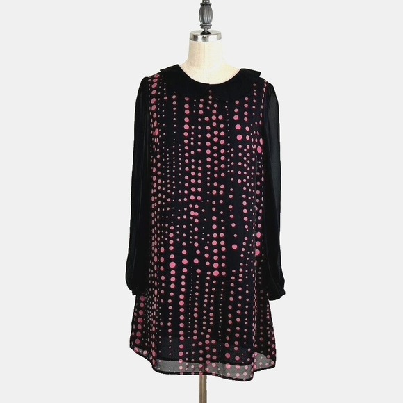 Therapy Dress 10 Black Pink Dots Sheer Sleeves Peter Pan Collar Wednesday Adams - Picture 2 of 10